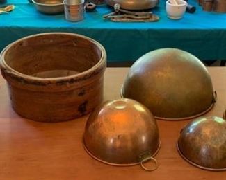 Vintage round bottom copper mixing bowls, antique Shaker wood box