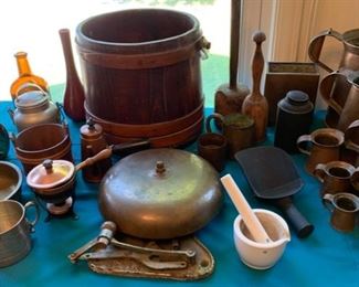 Antique copper tankards, vintage fire bell, antique Shaker bucket