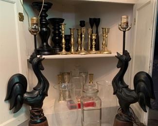 Vintage metal rooster lamps with wood base, black and gold candlesticks