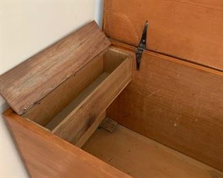 Partially restored antique Shaker hope chest, handmade 1800s. Has a beautiful finish that needs minimal work to fully restored condition... this is a beauty! Measures 40" wide, 21.5" deep and 23" tall. 