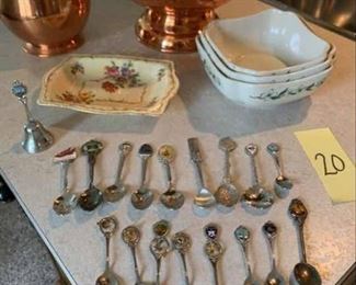 Souvenir spoons, Mayer China square bowl set, copper colander, 