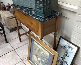 planter table with tin insert, variety of art pictures