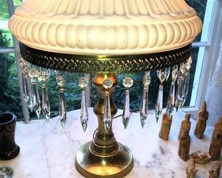 Vintage French brass lamp with crystal prisms
