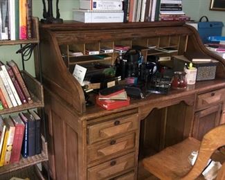 antique oak roll top desk with chair, local collectibles