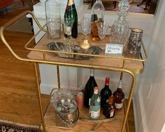MidCentury Modern Bar Cart with Wood and Brass accents