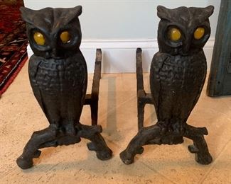 Antique Cast Iron Owl Fireplace Andirons with Amber Glass Eyes, 13"