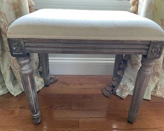 Fabric covered footstool with carved wooden legs (2 available)