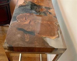 Interlude Home epoxy resin live edge wood console table.