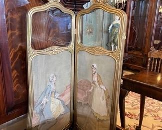 Three panel hand painted antique screen