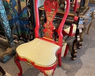 Pair of hand painted Williamsburg Asian designed chairs with carved relief