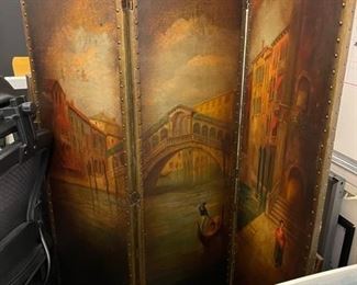                       Hand painted oil screen over leather