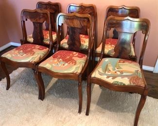Mahogany dining room chairs, striking feathered wood grain. Two have damaged backs. $120 each, delivery and shipping available pls enquire.