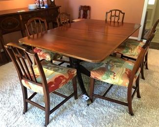 Mahogany Dining Room Table & 6 chairs. Chairs are in perfect condition and can be sold separate for $120 each or with the table. There are five sections that can be added to the table to accommodate a large group of people. 46 (98) x 68 x 28.   $1,300 for entire table set. 