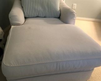 SOLD. Beautiful chaise lounge chair with a white slip cover. The lounge is cream color and in perfect shape. No stains, no pets, no smoking ever in the house. $450.00 Delivery can be arranged for a fee.
