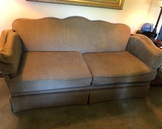 SOLD.  Two cushioned dark sage, pin nail sofa (Pearson). Combo feather and synthetic. Good condition. $200 SOLD. 