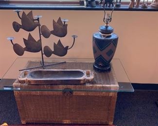 Glass top Wicker Trunk - Metal Bird Candleholder - Signed Pottery Lamp