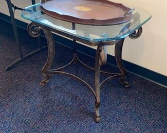 Glass top End Table - Inlaid Mahogany Tray