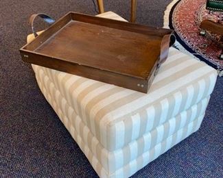 Upholstered Ottoman - Wood Tray w/Leather Handles
