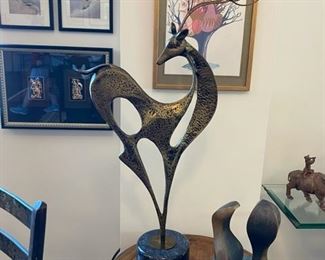 LARGE Hammered Brass Gazelle on Marble Stand - C. Jere Style