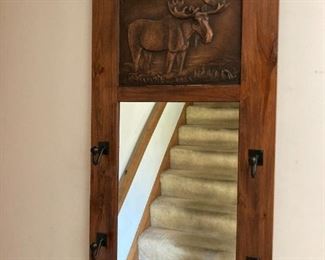OAK ADIRONACK COAT RACK WITH MIRROR AND CARVED MOOSE