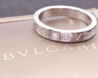 Designer BVLGARI Signed Diamond Double Logo Estate Ring in 18k White Gold with Original Box
