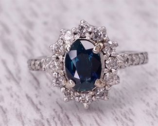 Midnight Blue Sapphire and Halo Diamond Ring in 14k Gold
