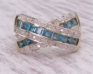 Amazing Blue Topaz and Diamond Cross Band Statement Ring in 14k Gold
