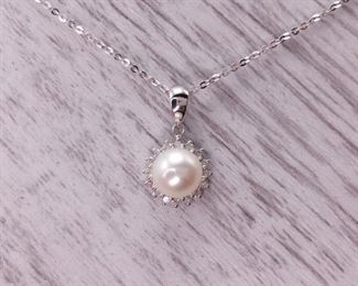 White Pearl and Diamond Halo Estate Necklace in 14k Gold
