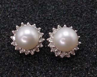 White Pearl and Diamond Halo Estate Earrings in 14k Gold
