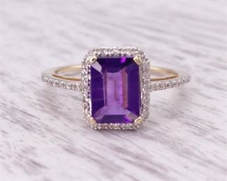 Emerald Cut Amethyst and Diamond Halo Ring in 14k Gold
