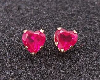 Heart Shaped Ruby Stud Earrings in Yellow Gold
