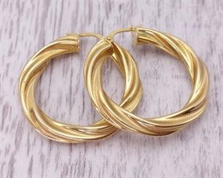 Italian Designer Twist Yellow Gold Hoop Earrings with Intricate Design
