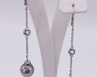 Tahitian Pearl And Blue Topaz Dangle Earrings
