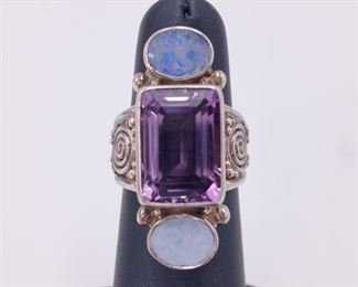 "Sajen" Signed Amethyst and Opal Adjustable Statement Ring
