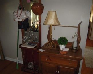 oak hall tree, pine wash stand,nice metal lamp