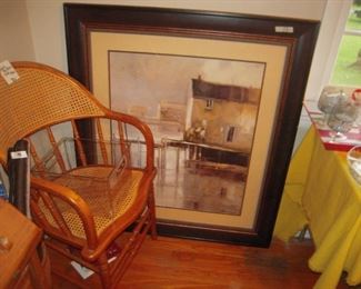 Nice caned oak chair, framed artwork