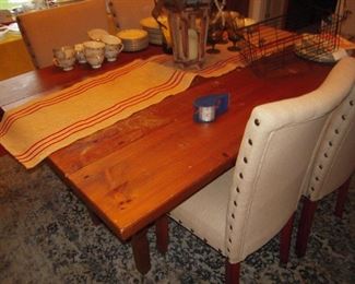 Pine farm table, upholstered dining chairs