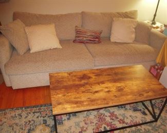 Bassett sofa, industrial style coffee table