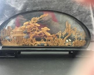 Large San You Oriental Carved Cork Scene Black Lacquer Wood Case                                                                          S-39