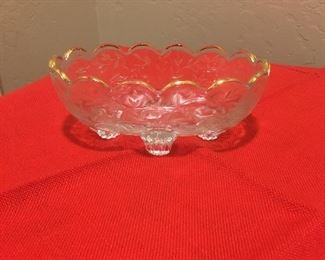 Vintage Clear Depression Glass Nut/Candy Dish Bowl Footed Carnival Etched Gold 