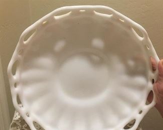 Vintage Imperial Milk Glass Shallow Centerpiece Fruit Bowl with Open Crochet Lace Rim 