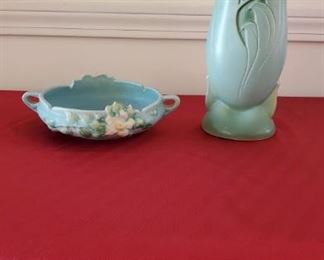 Antique Roseville White Rose Blue Bowl and Antique Roseville Silhouette Vase