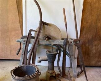 Antique Stone Grinding Wheel, Well Spout, Tools and More