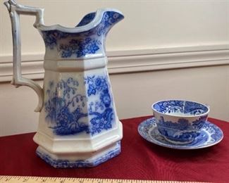 Flow Blue Pitcher and Spode Teacup and Saucer