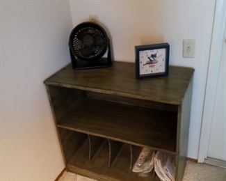 Bookcase with two shelves.  Fan, clock, and contents not included, just the bookcase.