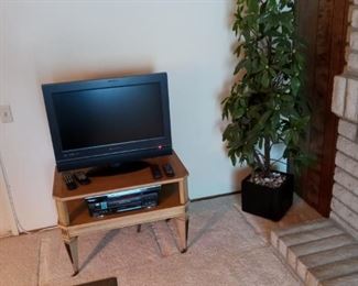 Beige wood tv table and artificial plant.  Items may be purchased separately.  TV, DVD Player, VCR Player, and floor mat not included.