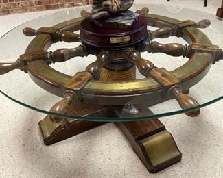 Vintage Ship Wheel Glass Topped Coffee Table