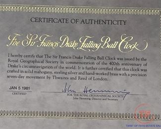 THWAITES & REED England Sir Francis Drake Gravity Clock/Mystery Clock for FRANKLIN MINT