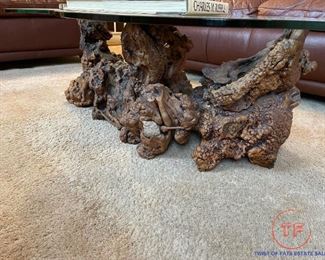 Large BURLWOOD Based Glass Topped Coffee Table