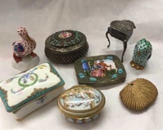 Collection of Small Boxes including some not shown.  Halcyon Days Enamel, also Herend Figurines 